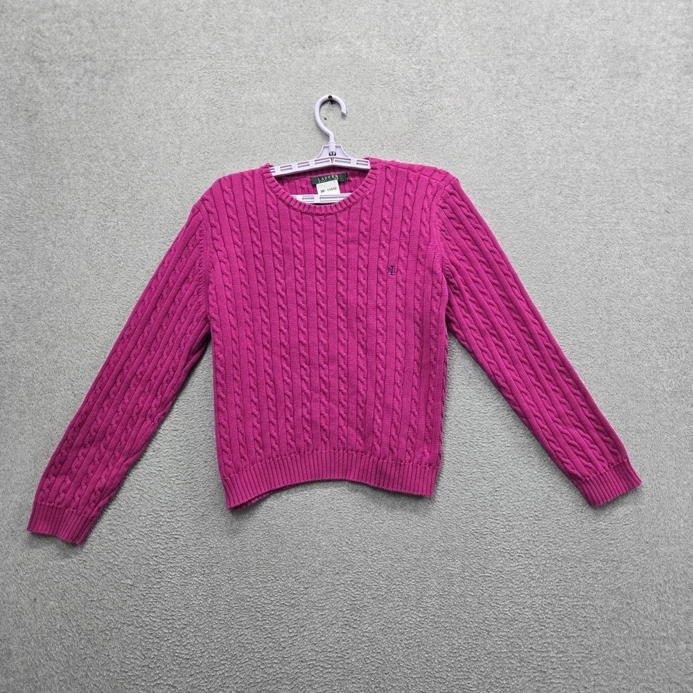 Lauren Ralph Lauren Women Sweater XL Pink Embroidered Cable Knit Long Sleeve